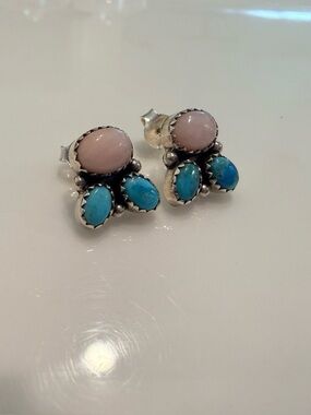 Pink Conch and Kingman Turquoise Sterling Silver Earrings